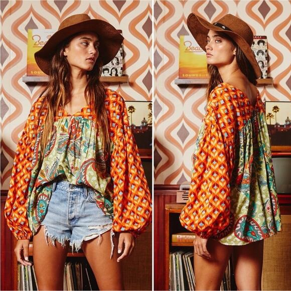 BUCKETLIST Lydia Mixed Print Balloon Sleeve Blouse L - Picture 1 of 6
